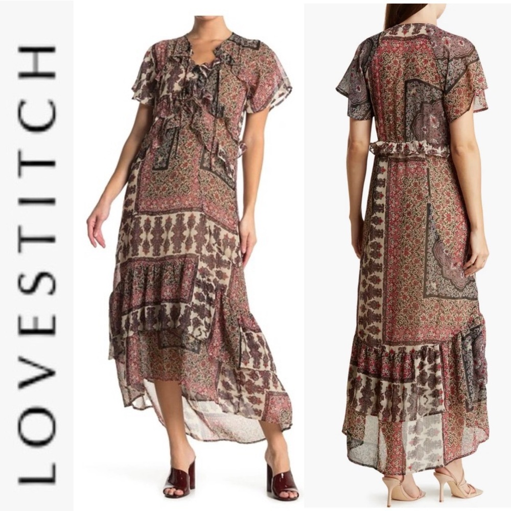 LOVESTITCH MIXED PRINT HIGH/LOW HEM DRESS IN MIDNIGHT/SAND L